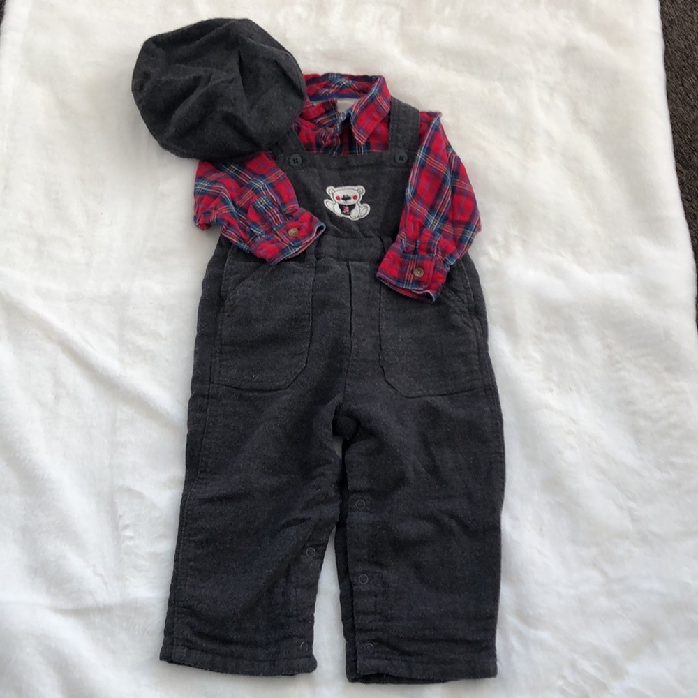 OshKosh/Childrens Place flannel set plaid shirt/overall/hat size 12-18/m